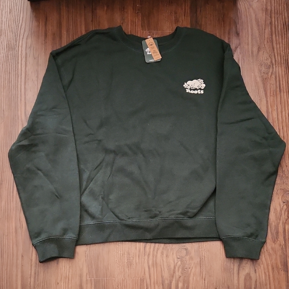NEW ROOTS Women's Cooper Relaxed Crew Sweatshirt In VARSITY GREEN sz LARGE